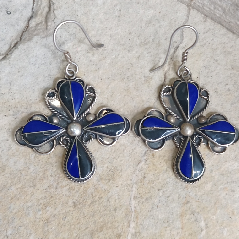 925 Sterling Silver Tribal Lazuli Onyx cross Earrings